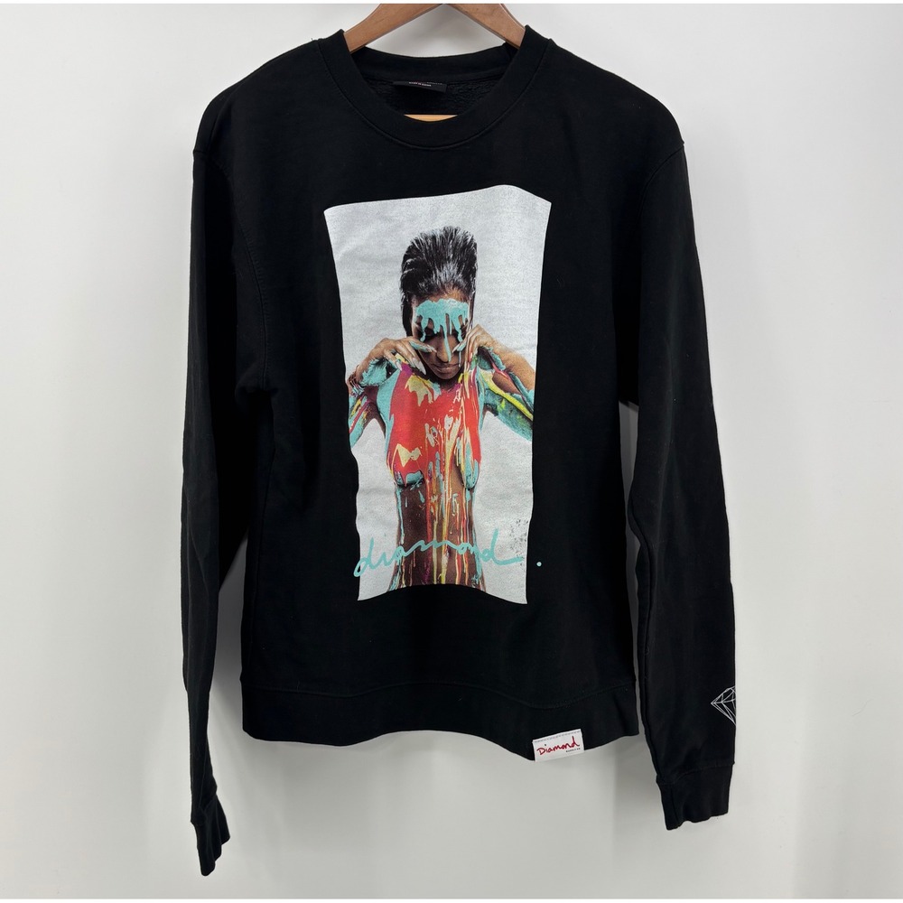 Diamond Supply Co Sweatshirt Men's Small Black Crew Neck Graphic Art Paint Drip